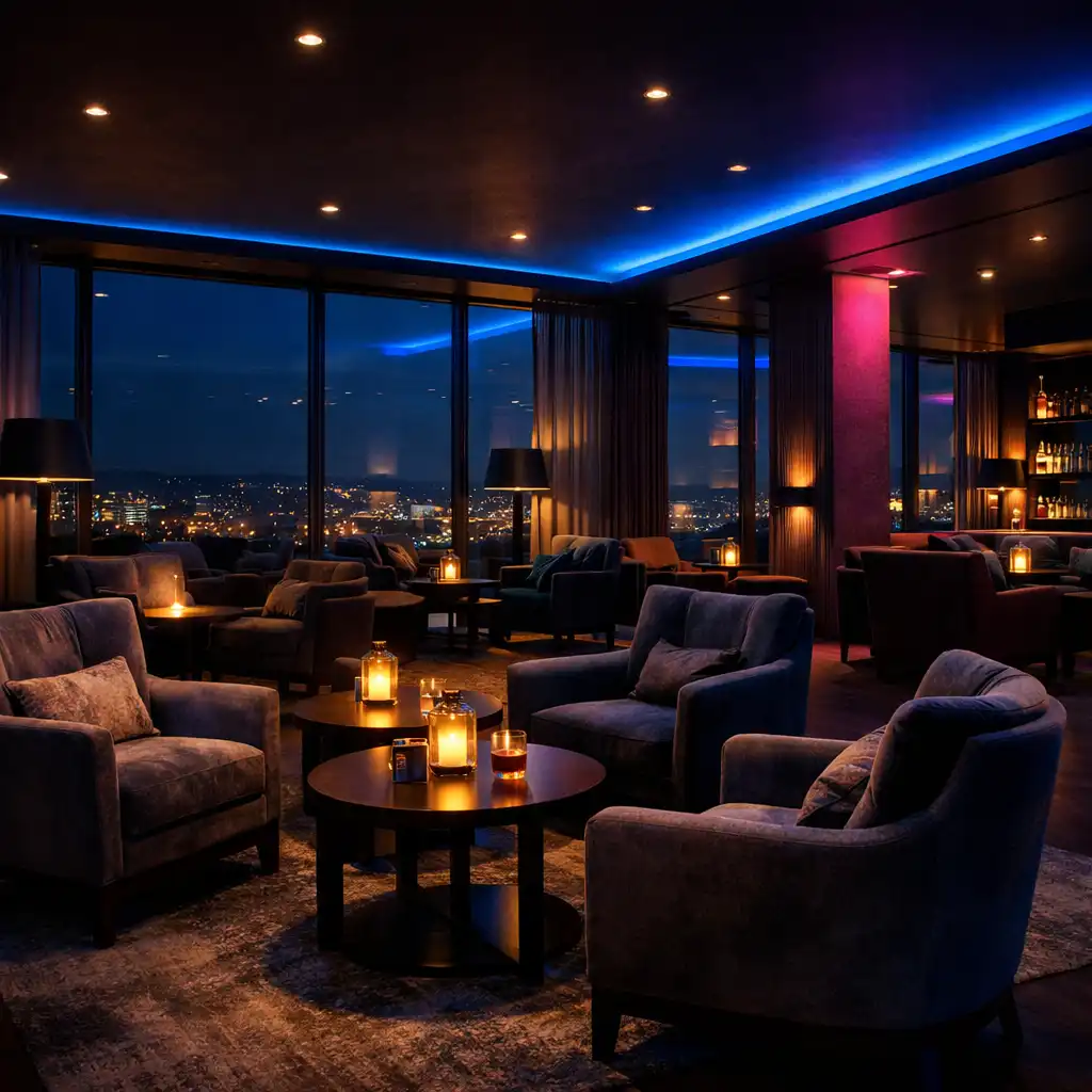 Stylový večerní lounge prostor připravený pro firemní setkání