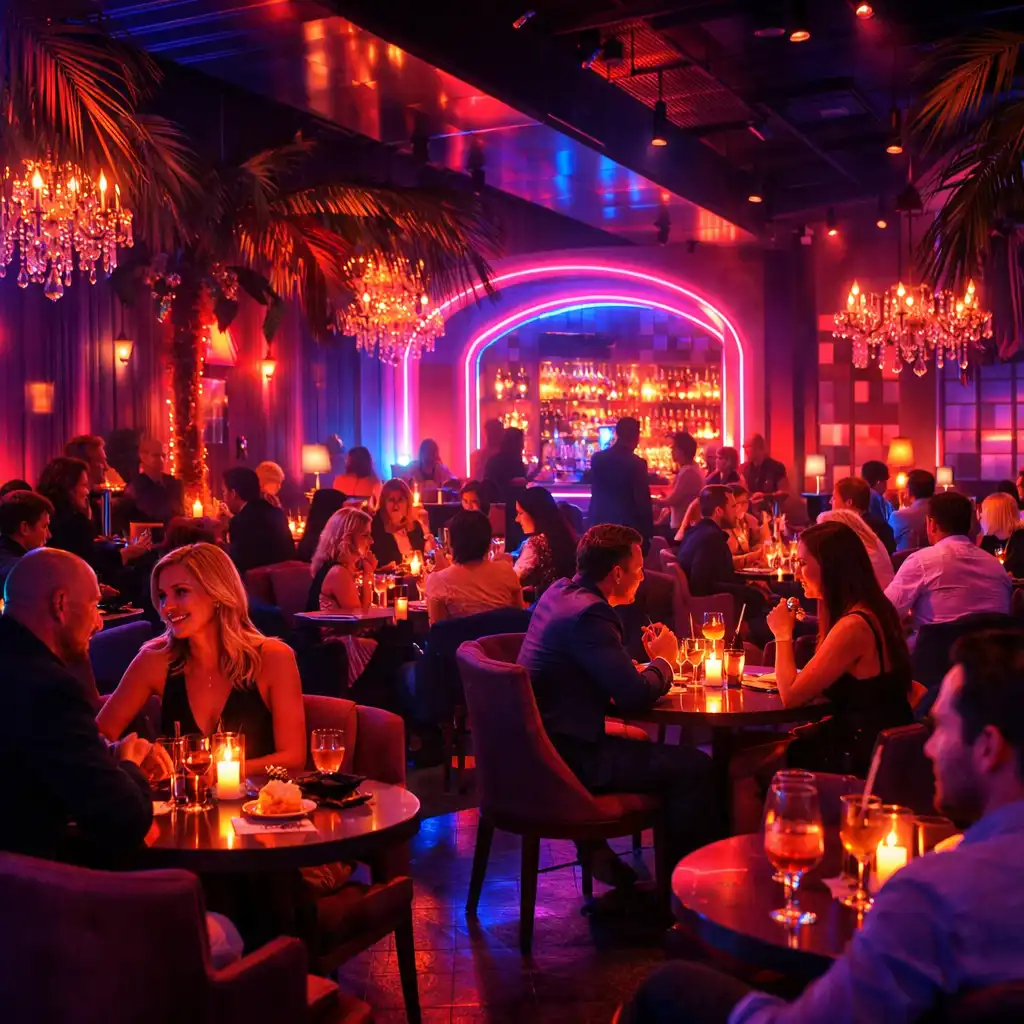 Večerní atmosféra restaurace Večerní Zóna s ambientním osvětlením a neonovými akcenty