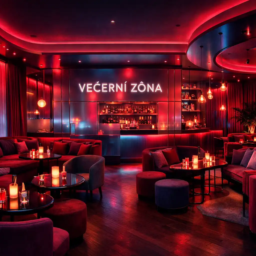 Interiér Večerní Zóny s večerním nasvícením a neonovými akcenty