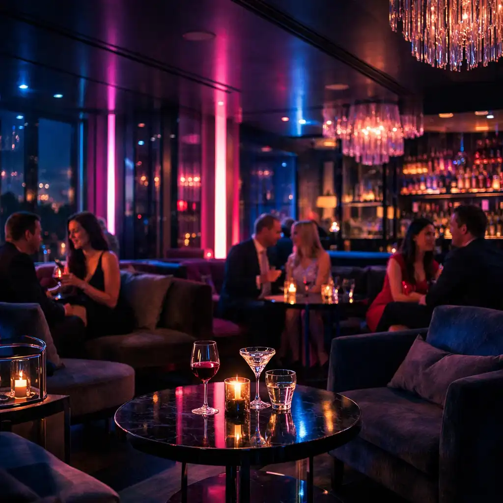 Večerní večerní lounge Večerní Zóny s ambientním osvětlením a pohodlným sezením