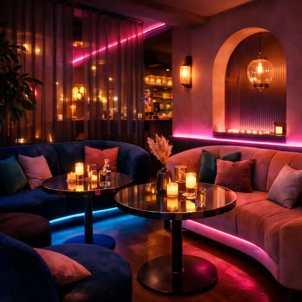 Stylová lounge zóna Večerní Zóny s pohodlnými křesly a ambientním osvětlením