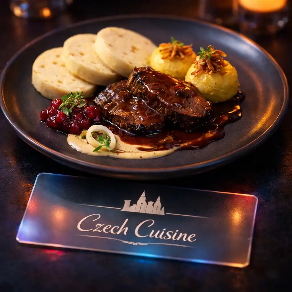 Detail servírovaného menu ve Večerní Zóně s elegantním prostíráním a večerním nasvícením
