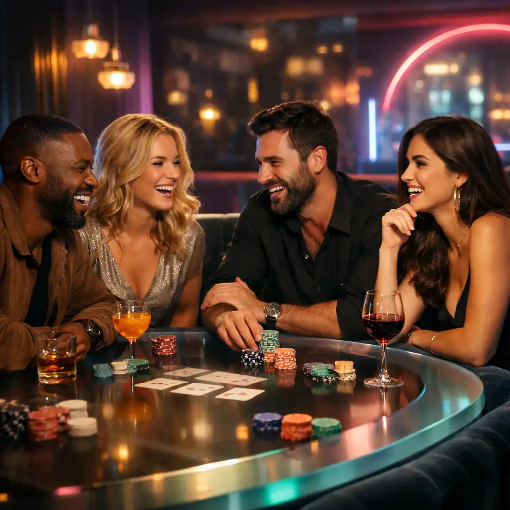 Večerní atmosféra pokerového večera s ambientním světlem