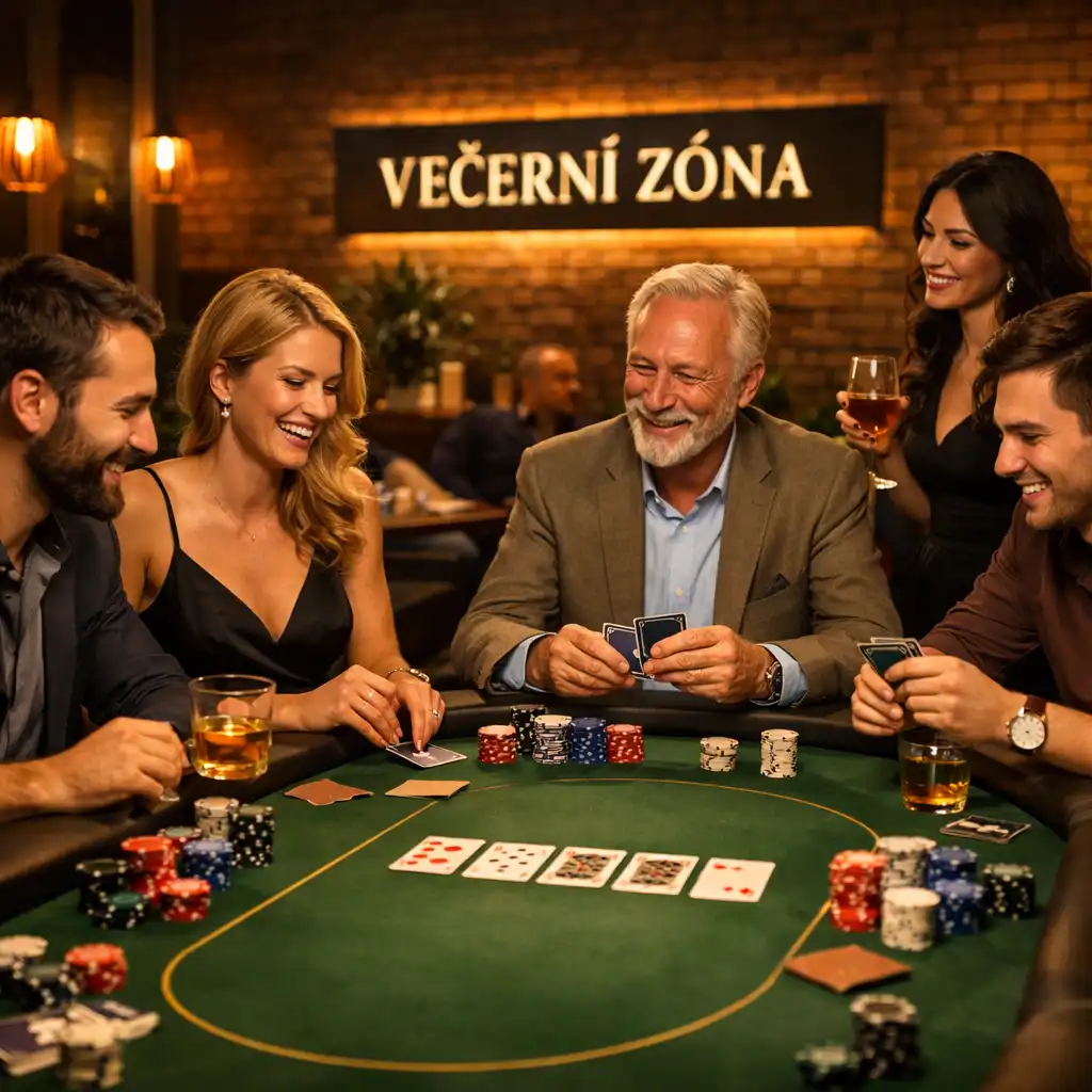 Společenský pokerový večer ve Večerní Zóně u elegantního stolu bez kasinové atmosféry