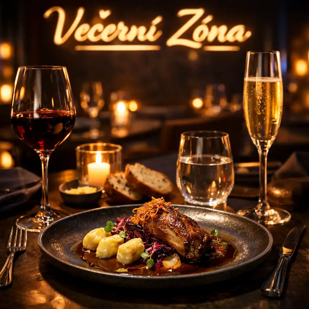 Gastronomický zážitek v restauraci Večerní Zóna s moderním servisem a večerním nasvícením
