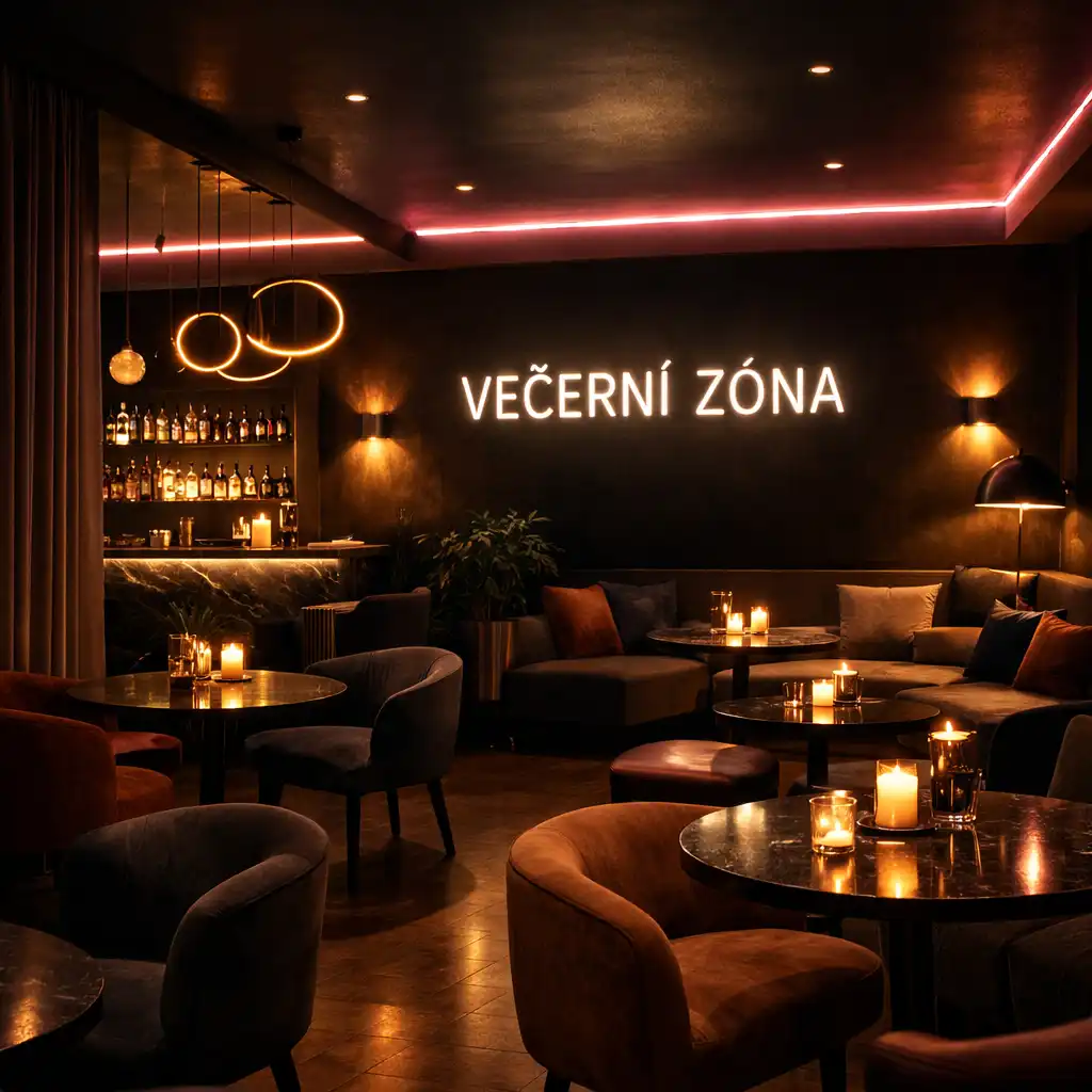 Večerní atmosféra lounge prostoru Večerní Zóny s tlumeným světlem a pohodlným sezením